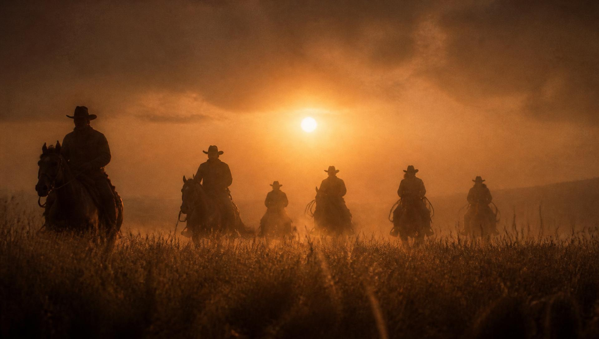 Silhouetted riders crossing the plains at dusk outside Whiskey Creek